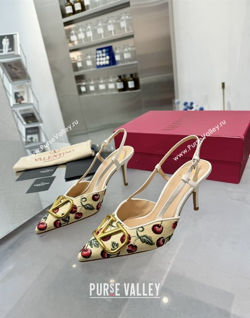 Valentino VLogo Signature Cherryfic Slingback Pumps 8cm in Jacquard Synthetic Raffia White 2025 (XL-250428042)