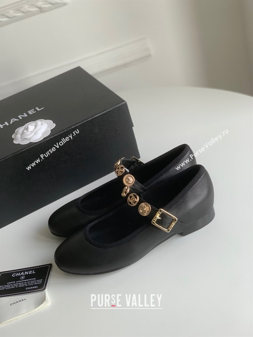 Chanel Mary Janes Shoes with Badge in Calfskin Leather Black 2024 (Y30-24031105)