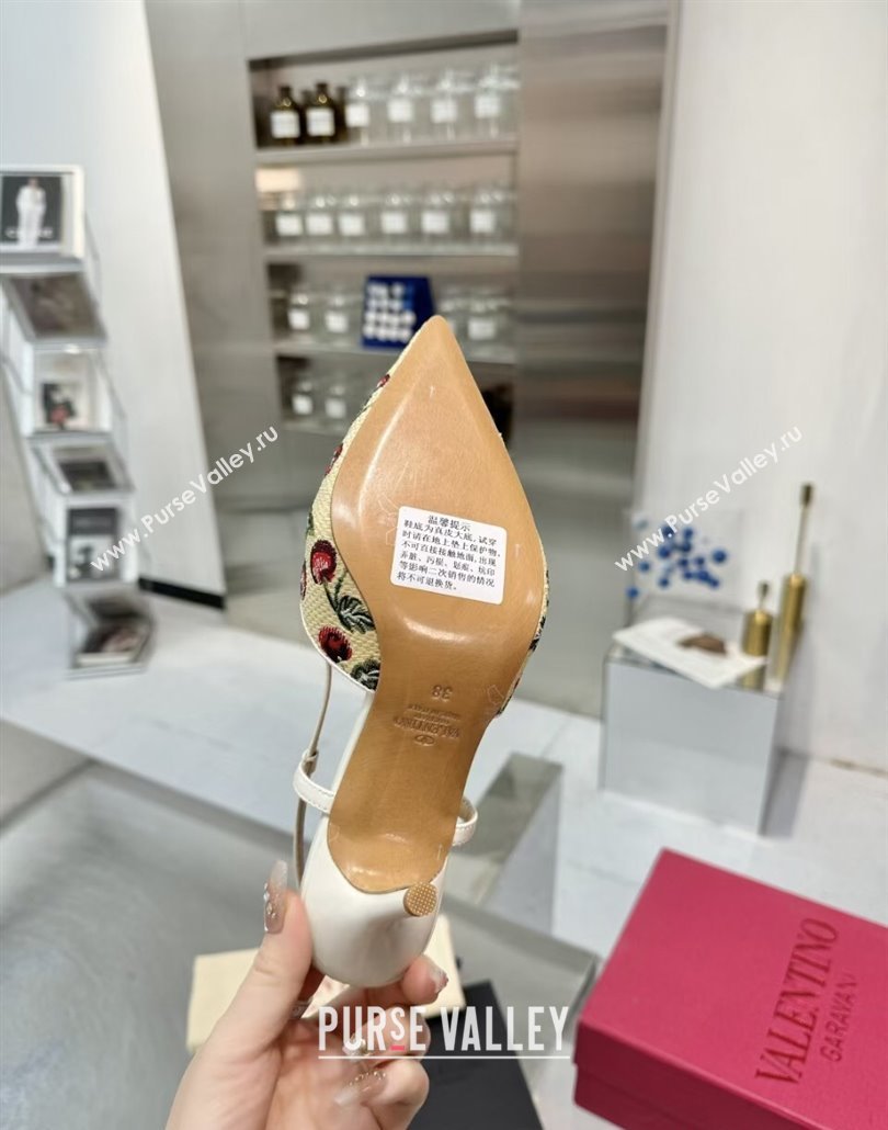 Valentino VLogo Signature Cherryfic Slingback Pumps 8cm in Jacquard Synthetic Raffia White 2025 (XL-250428042)