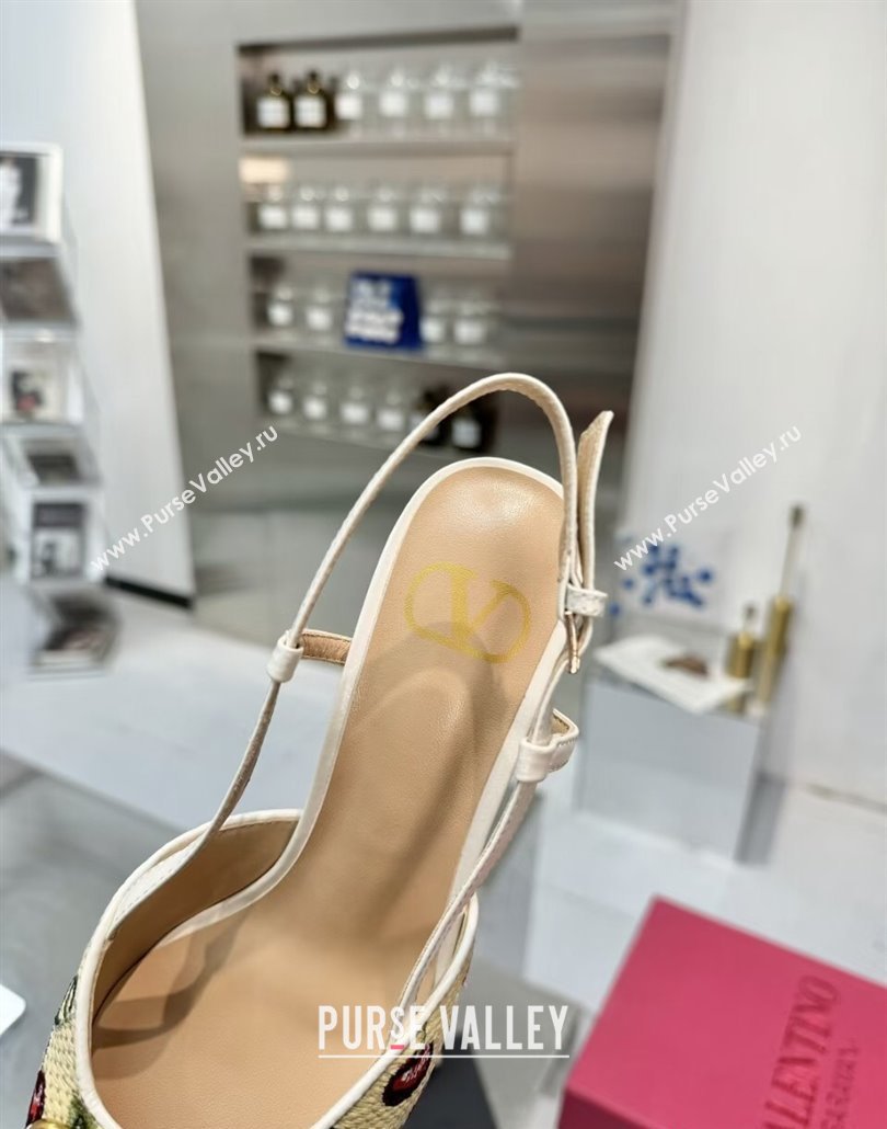 Valentino VLogo Signature Cherryfic Slingback Pumps 8cm in Jacquard Synthetic Raffia White 2025 (XL-250428042)