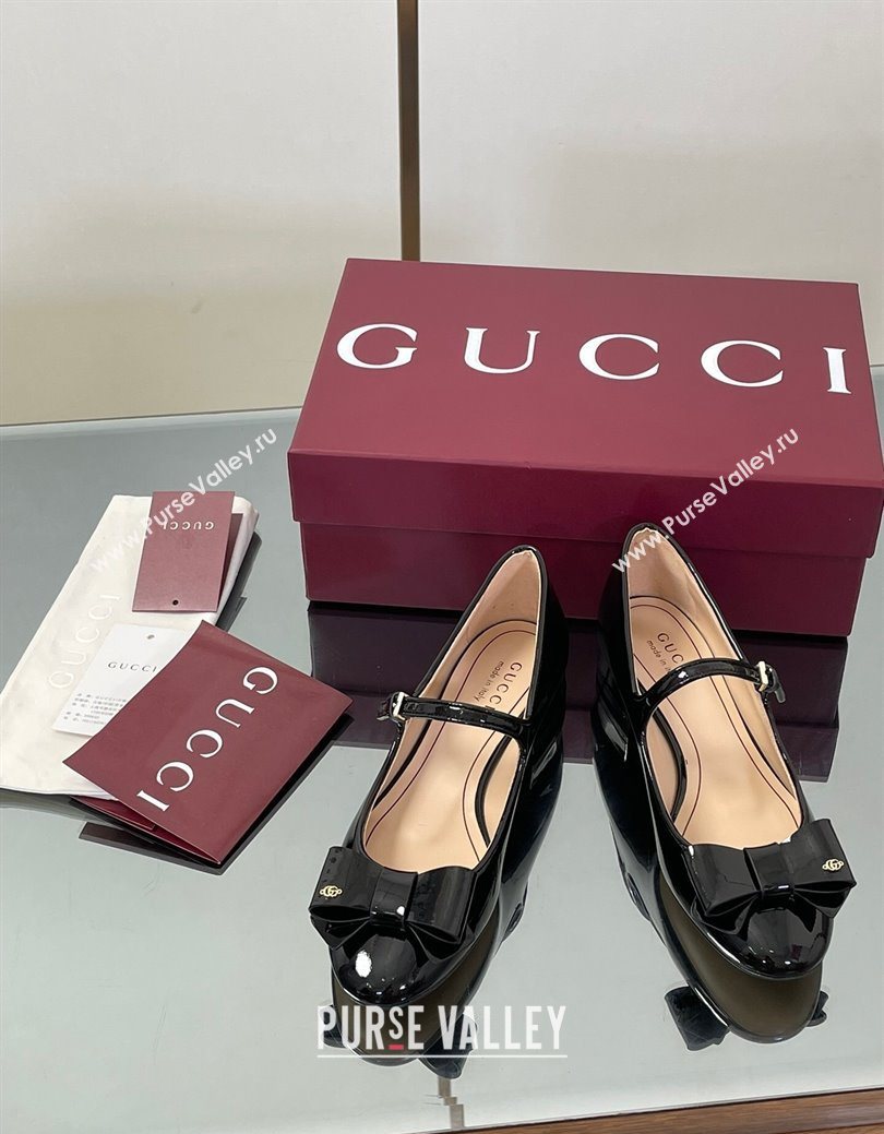 Gucci Bow Mary Jane Ballet Flats in Patent Leather Black 2025 835748 (MD-250828025)