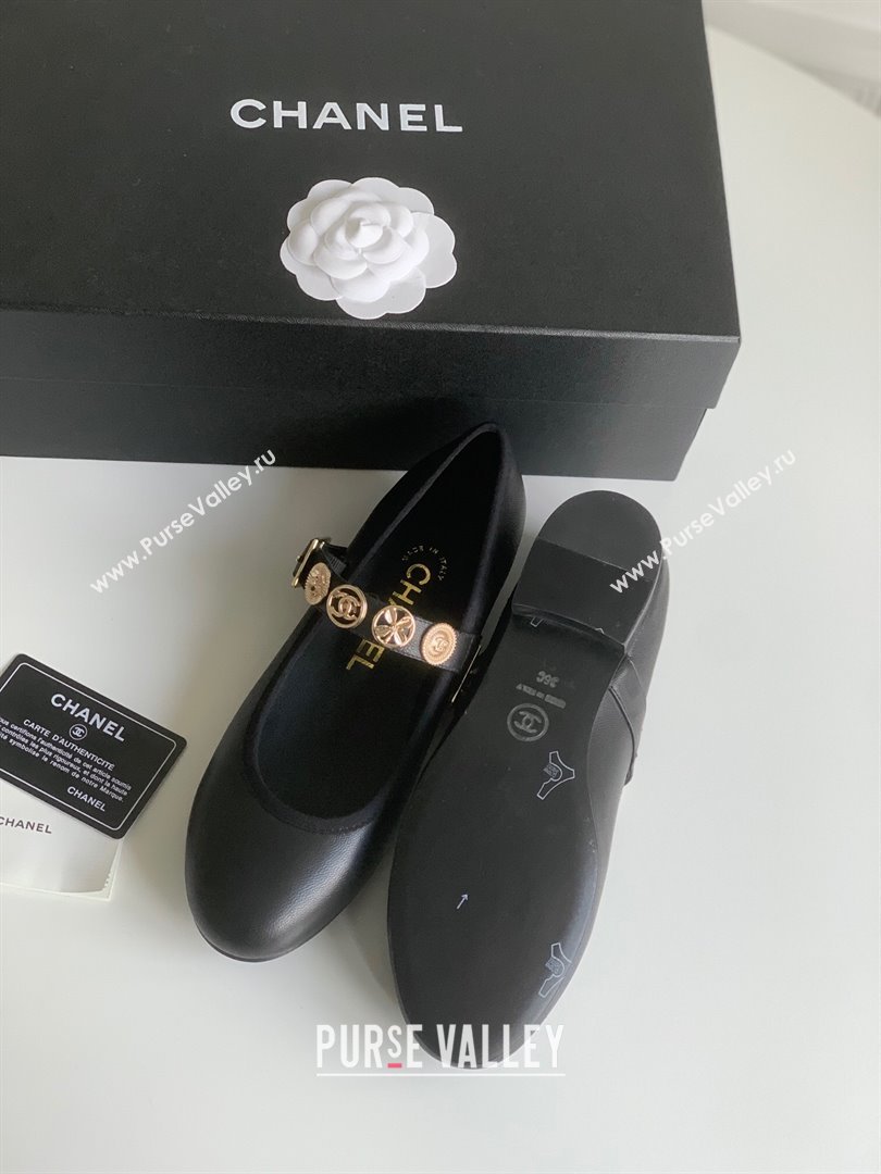 Chanel Mary Janes Shoes with Badge in Calfskin Leather Black 2024 (Y30-24031105)