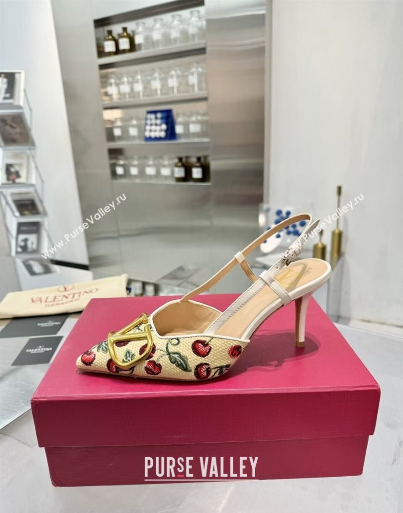 Valentino VLogo Signature Cherryfic Slingback Pumps 8cm in Jacquard Synthetic Raffia White 2025 (XL-250428042)
