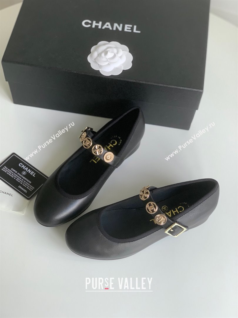 Chanel Mary Janes Shoes with Badge in Calfskin Leather Black 2024 (Y30-24031105)