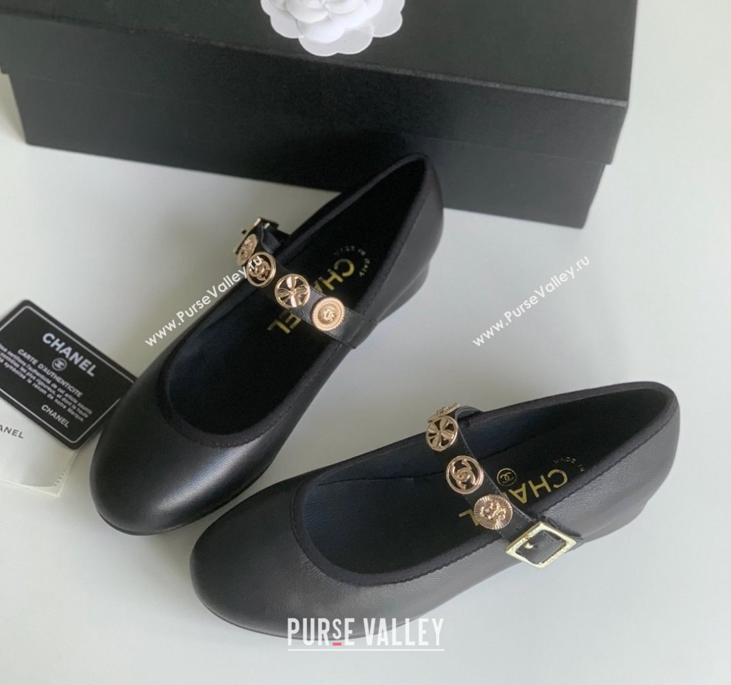 Chanel Mary Janes Shoes with Badge in Calfskin Leather Black 2024 (Y30-24031105)