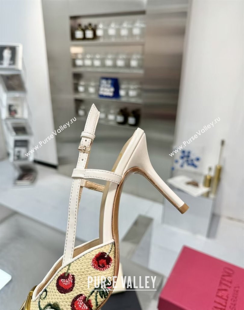 Valentino VLogo Signature Cherryfic Slingback Pumps 8cm in Jacquard Synthetic Raffia White 2025 (XL-250428042)