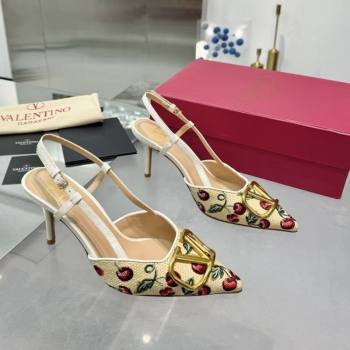 Valentino VLogo Signature Cherryfic Slingback Pumps 8cm in Jacquard Synthetic Raffia White 2025 (XL-250428042)