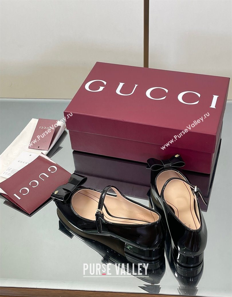 Gucci Bow Mary Jane Ballet Flats in Patent Leather Black 2025 835748 (MD-250828025)