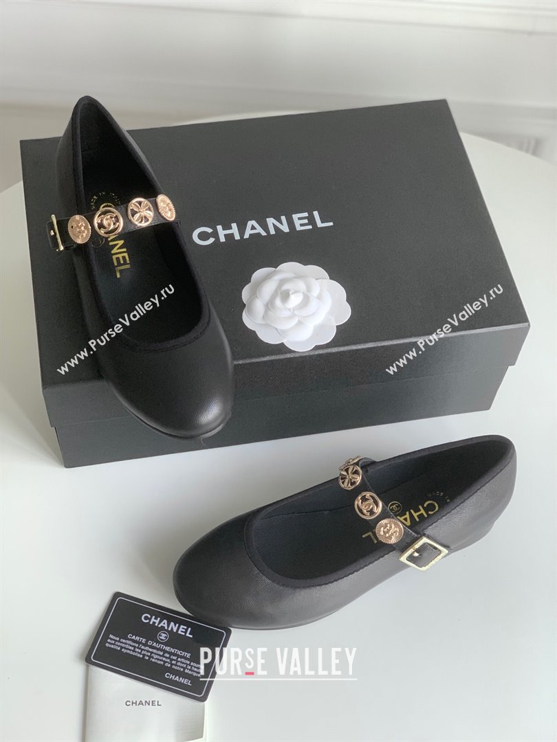 Chanel Mary Janes Shoes with Badge in Calfskin Leather Black 2024 (Y30-24031105)