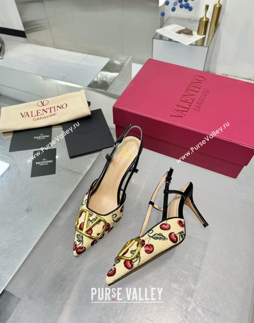 Valentino VLogo Signature Cherryfic Slingback Pumps 8cm in Jacquard Synthetic Raffia Black 2025 (XL-250428043)