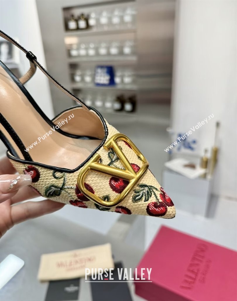 Valentino VLogo Signature Cherryfic Slingback Pumps 8cm in Jacquard Synthetic Raffia Black 2025 (XL-250428043)