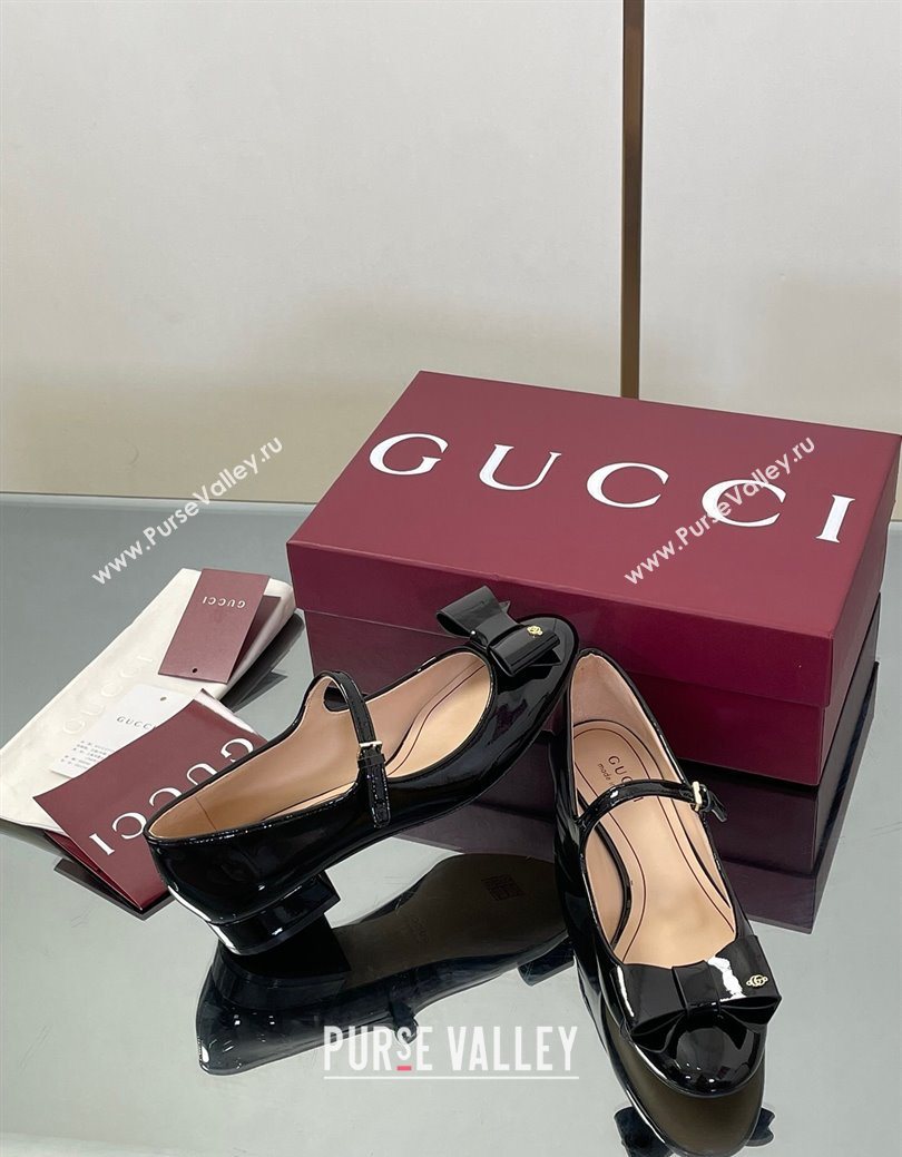 Gucci Bow Mary Jane Ballet Flats in Patent Leather Black 2025 835748 (MD-250828025)