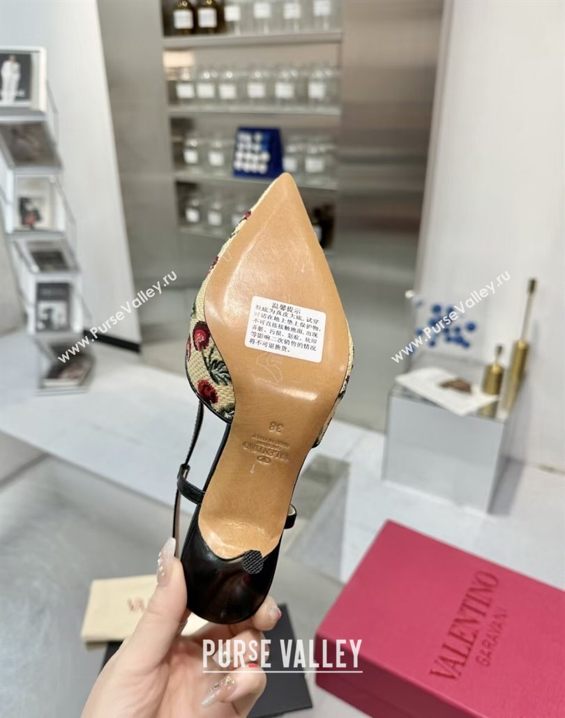 Valentino VLogo Signature Cherryfic Slingback Pumps 8cm in Jacquard Synthetic Raffia Black 2025 (XL-250428043)