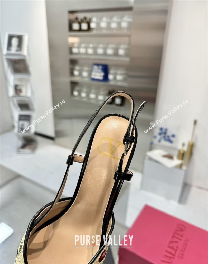 Valentino VLogo Signature Cherryfic Slingback Pumps 8cm in Jacquard Synthetic Raffia Black 2025 (XL-250428043)