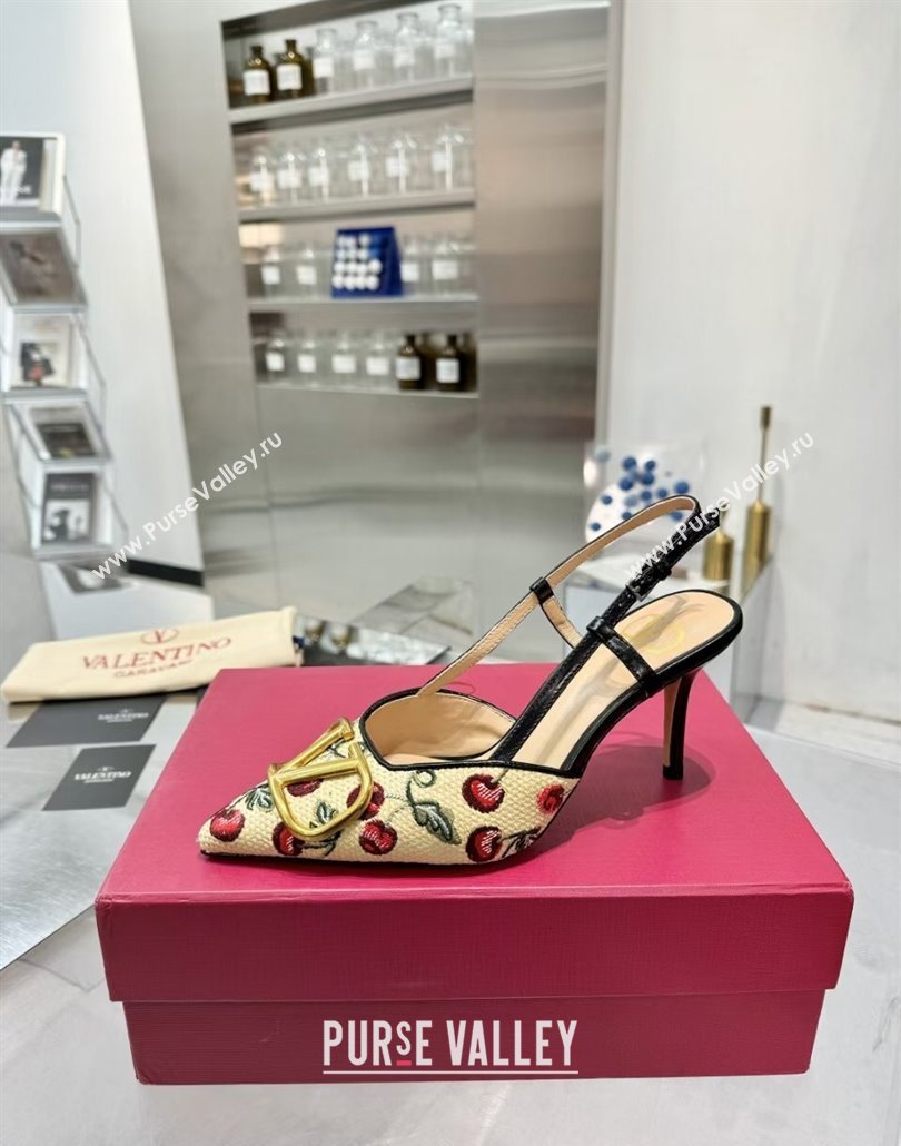 Valentino VLogo Signature Cherryfic Slingback Pumps 8cm in Jacquard Synthetic Raffia Black 2025 (XL-250428043)