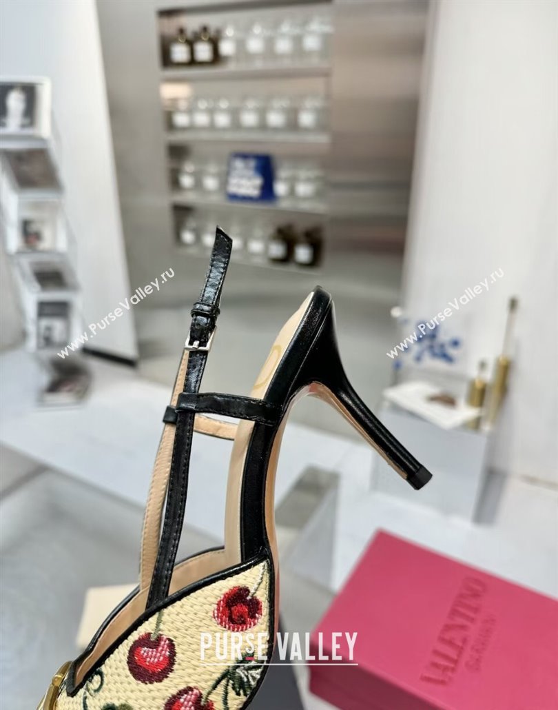 Valentino VLogo Signature Cherryfic Slingback Pumps 8cm in Jacquard Synthetic Raffia Black 2025 (XL-250428043)