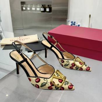 Valentino VLogo Signature Cherryfic Slingback Pumps 8cm in Jacquard Synthetic Raffia Black 2025 (XL-250428043)