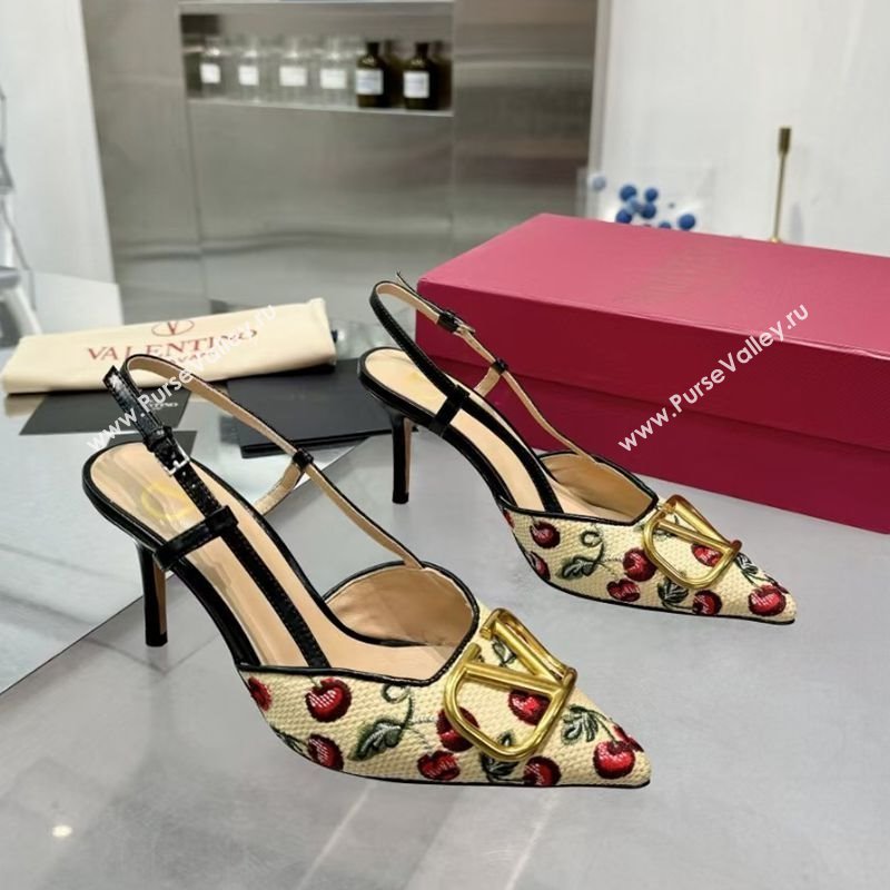 Valentino VLogo Signature Cherryfic Slingback Pumps 8cm in Jacquard Synthetic Raffia Black 2025 (XL-250428043)
