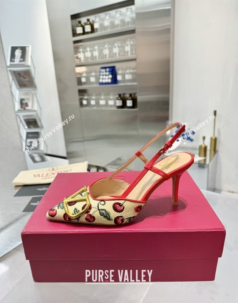 Valentino VLogo Signature Cherryfic Slingback Pumps 8cm in Jacquard Synthetic Raffia Red 2025 (XL-250428044)
