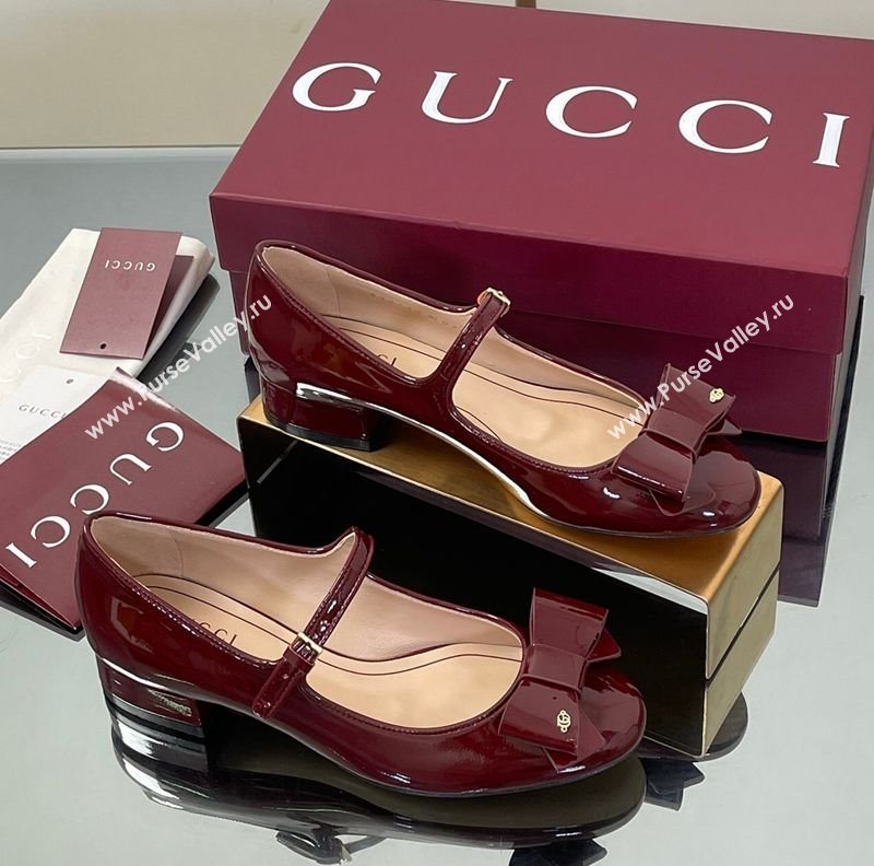 Gucci Bow Mary Jane Ballet Flats in Patent Leather Ancora Red 2025 835748 (MD-250828026)