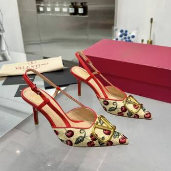 Valentino VLogo Signature Cherryfic Slingback Pumps 8cm in Jacquard Synthetic Raffia Red 2025 (XL-250428044)