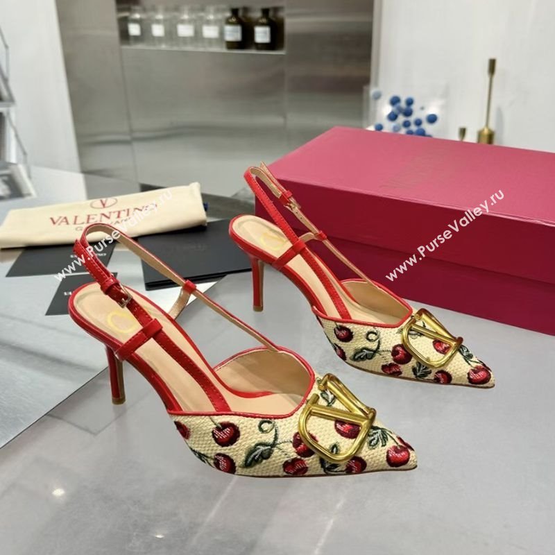 Valentino VLogo Signature Cherryfic Slingback Pumps 8cm in Jacquard Synthetic Raffia Red 2025 (XL-250428044)