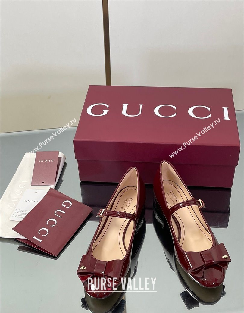 Gucci Bow Mary Jane Ballet Flats in Patent Leather Ancora Red 2025 835748 (MD-250828026)