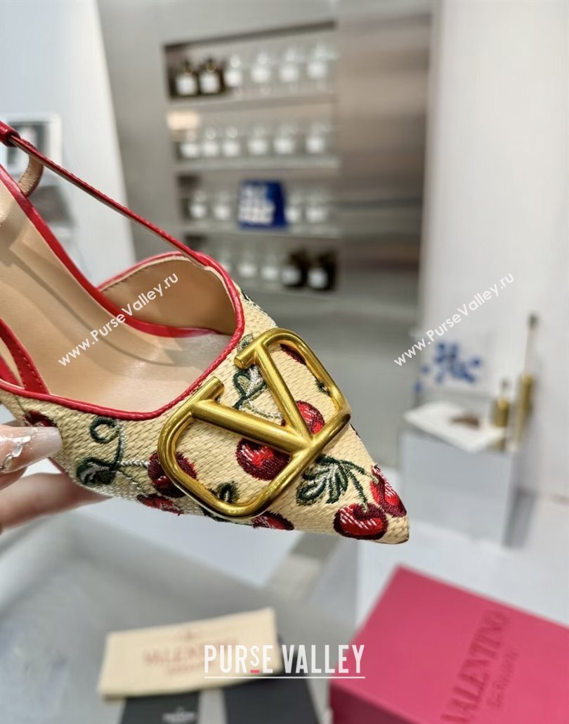 Valentino VLogo Signature Cherryfic Slingback Pumps 8cm in Jacquard Synthetic Raffia Red 2025 (XL-250428044)