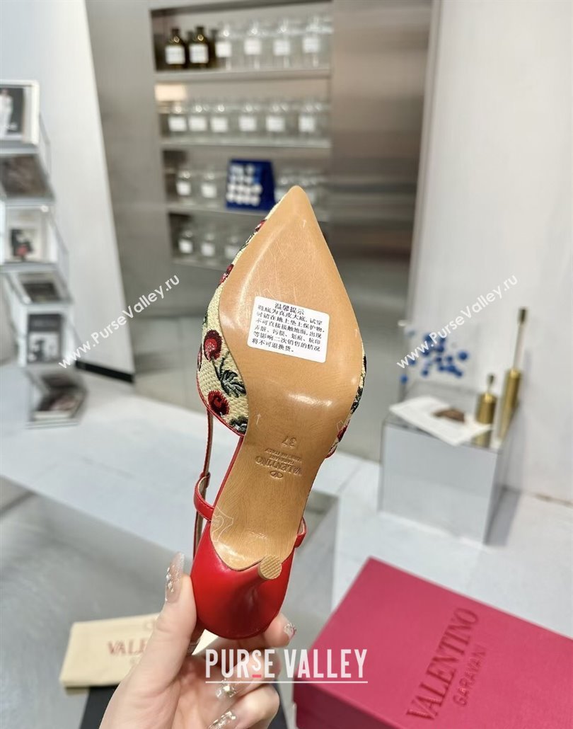 Valentino VLogo Signature Cherryfic Slingback Pumps 8cm in Jacquard Synthetic Raffia Red 2025 (XL-250428044)