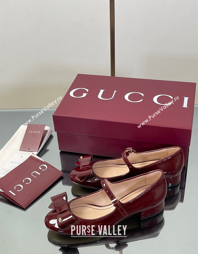 Gucci Bow Mary Jane Ballet Flats in Patent Leather Ancora Red 2025 835748 (MD-250828026)