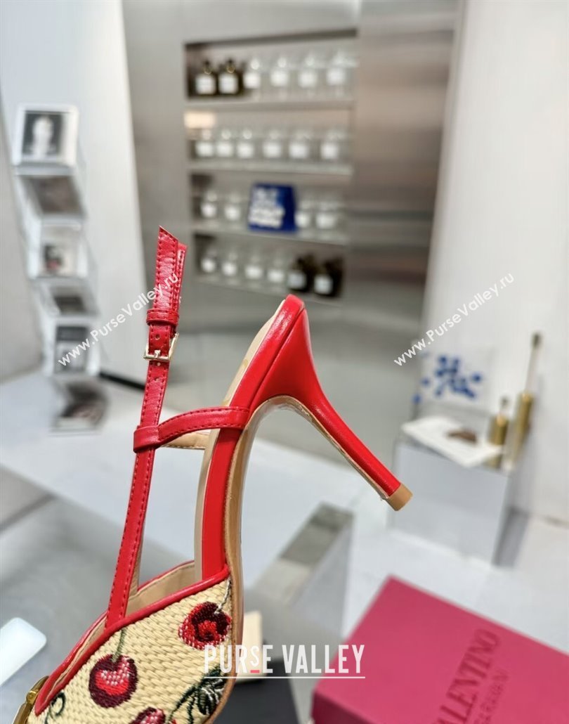 Valentino VLogo Signature Cherryfic Slingback Pumps 8cm in Jacquard Synthetic Raffia Red 2025 (XL-250428044)