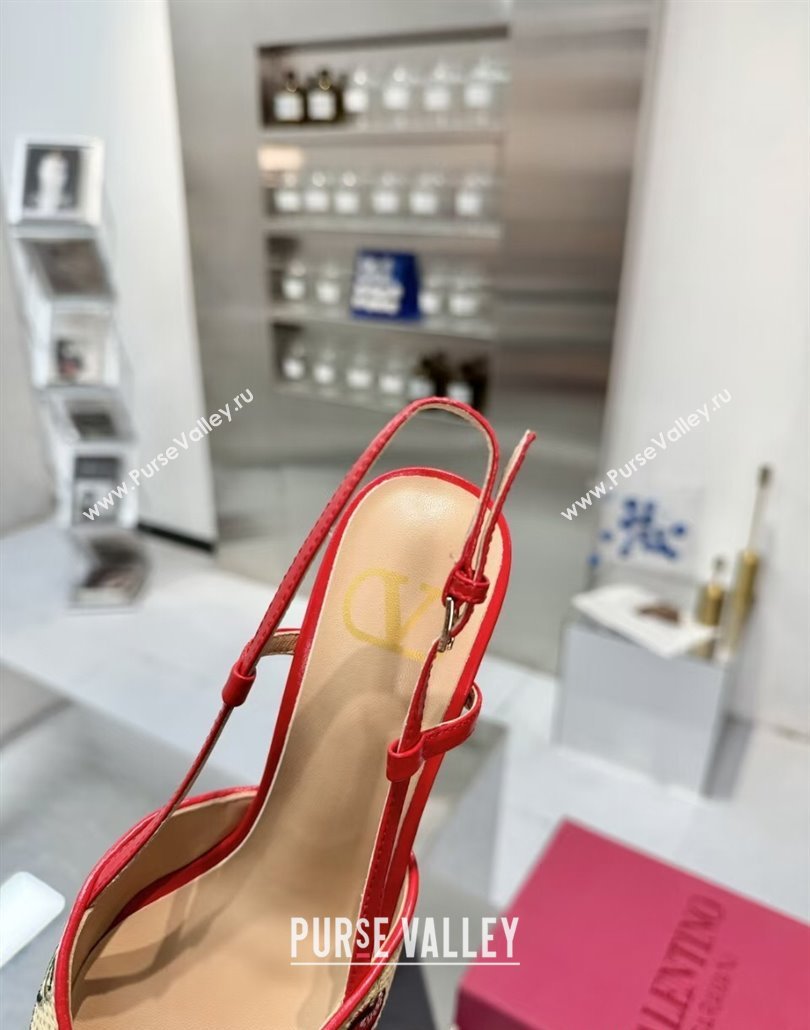Valentino VLogo Signature Cherryfic Slingback Pumps 8cm in Jacquard Synthetic Raffia Red 2025 (XL-250428044)