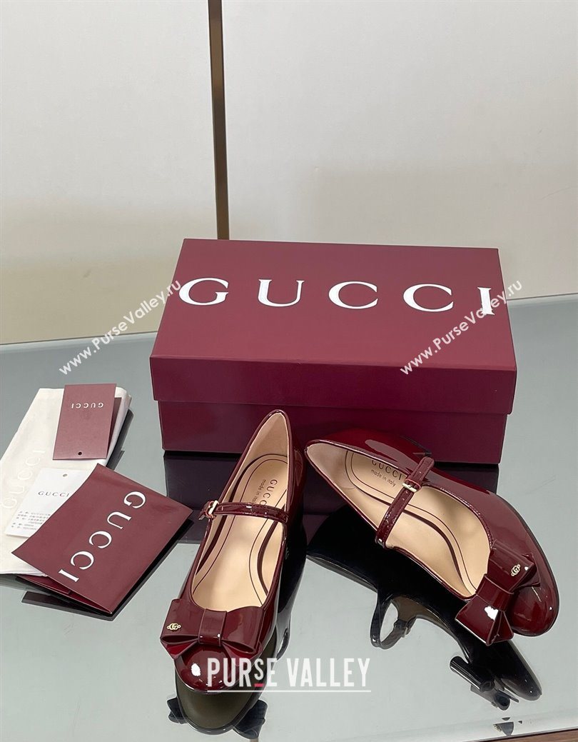 Gucci Bow Mary Jane Ballet Flats in Patent Leather Ancora Red 2025 835748 (MD-250828026)