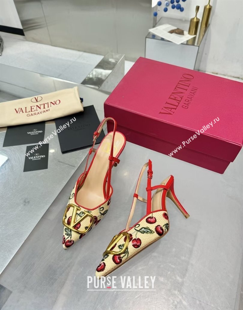 Valentino VLogo Signature Cherryfic Slingback Pumps 8cm in Jacquard Synthetic Raffia Red 2025 (XL-250428044)