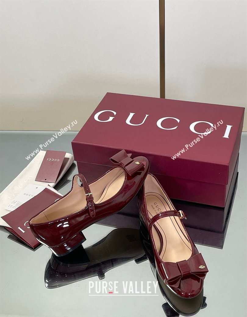 Gucci Bow Mary Jane Ballet Flats in Patent Leather Ancora Red 2025 835748 (MD-250828026)