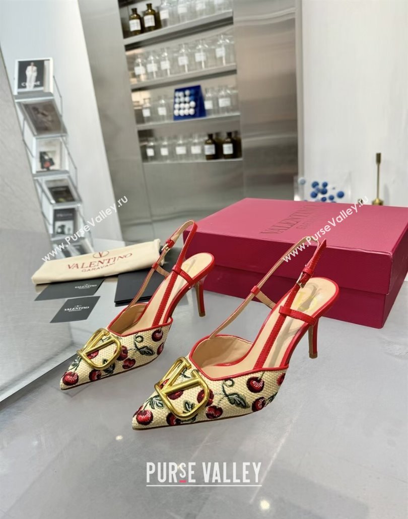 Valentino VLogo Signature Cherryfic Slingback Pumps 8cm in Jacquard Synthetic Raffia Red 2025 (XL-250428044)