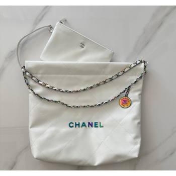 Chanel 22 Calfskin Small Shopping Bag AS3260 with Iridescent Logo White 2024 (YEZI-24031211)