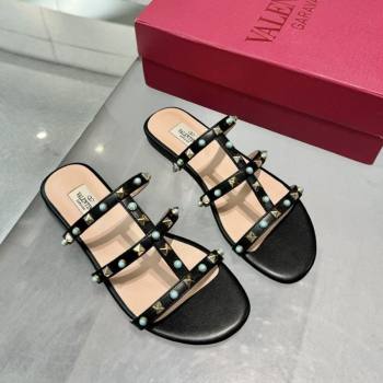 Valentino Rockstud Flat Slides Sandal in Calfskin with Stones Black 2025 VLTN042803 (XL-250428055)