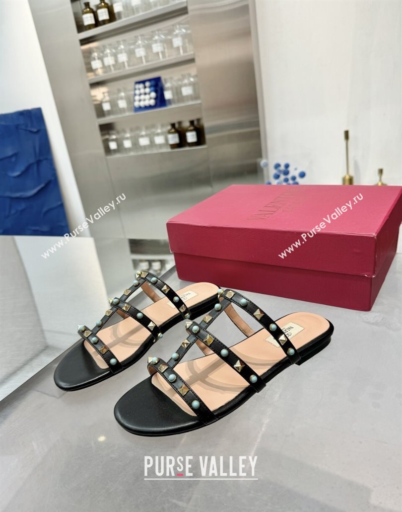 Valentino Rockstud Flat Slides Sandal in Calfskin with Stones Black 2025 VLTN042803 (XL-250428055)