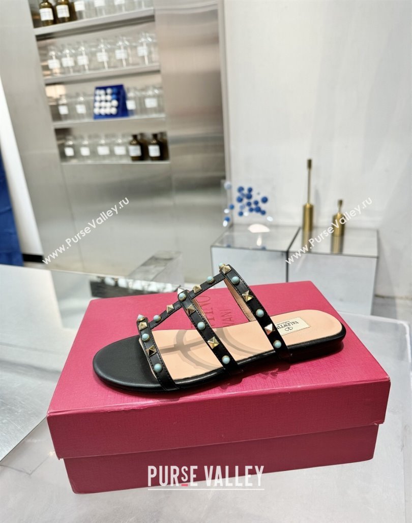 Valentino Rockstud Flat Slides Sandal in Calfskin with Stones Black 2025 VLTN042803 (XL-250428055)