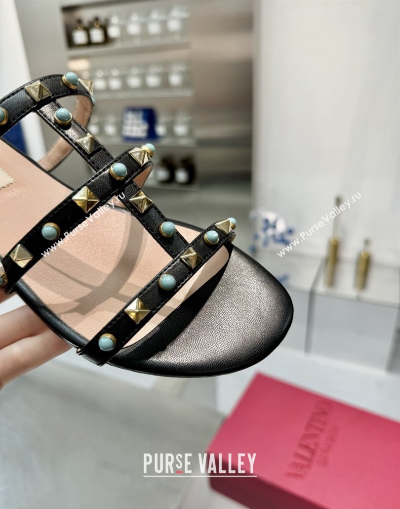 Valentino Rockstud Flat Slides Sandal in Calfskin with Stones Black 2025 VLTN042803 (XL-250428055)