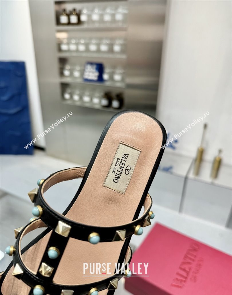 Valentino Rockstud Flat Slides Sandal in Calfskin with Stones Black 2025 VLTN042803 (XL-250428055)