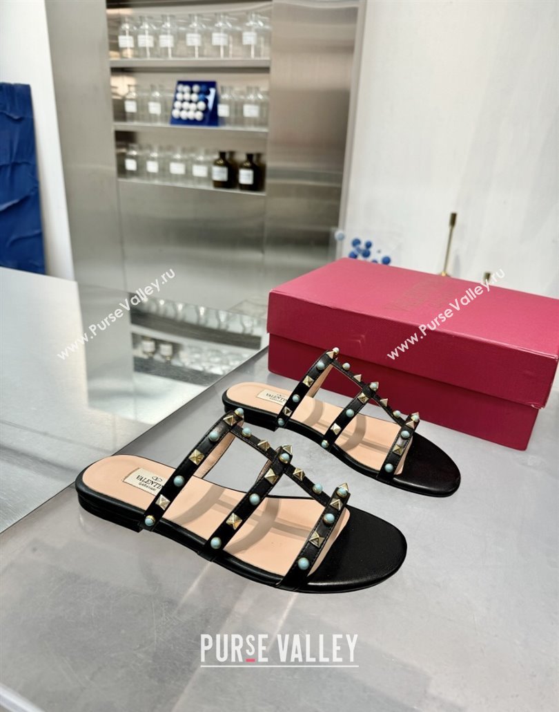 Valentino Rockstud Flat Slides Sandal in Calfskin with Stones Black 2025 VLTN042803 (XL-250428055)