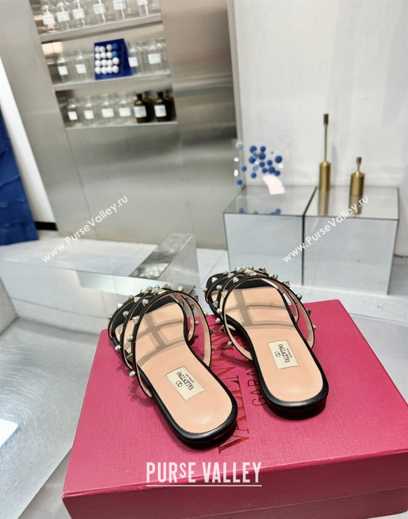 Valentino Rockstud Flat Slides Sandal in Calfskin with Stones Black 2025 VLTN042803 (XL-250428055)