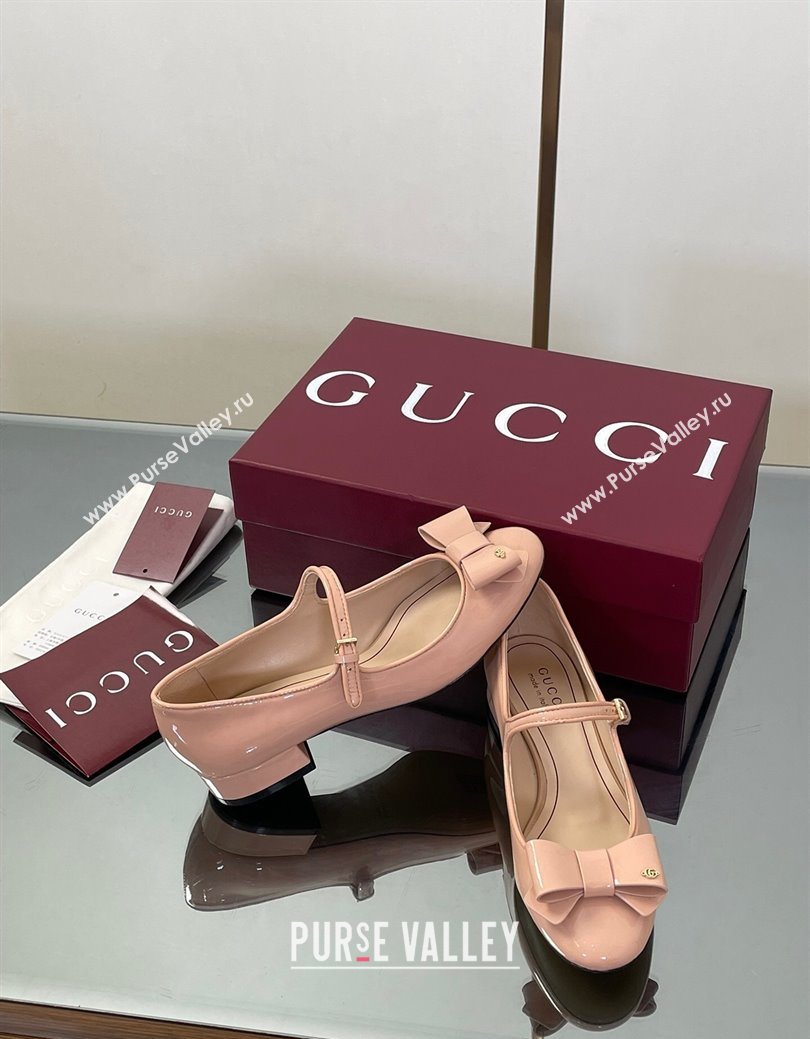 Gucci Bow Mary Jane Ballet Flats in Patent Leather Light Pink 2025 835748 (MD-250828027)