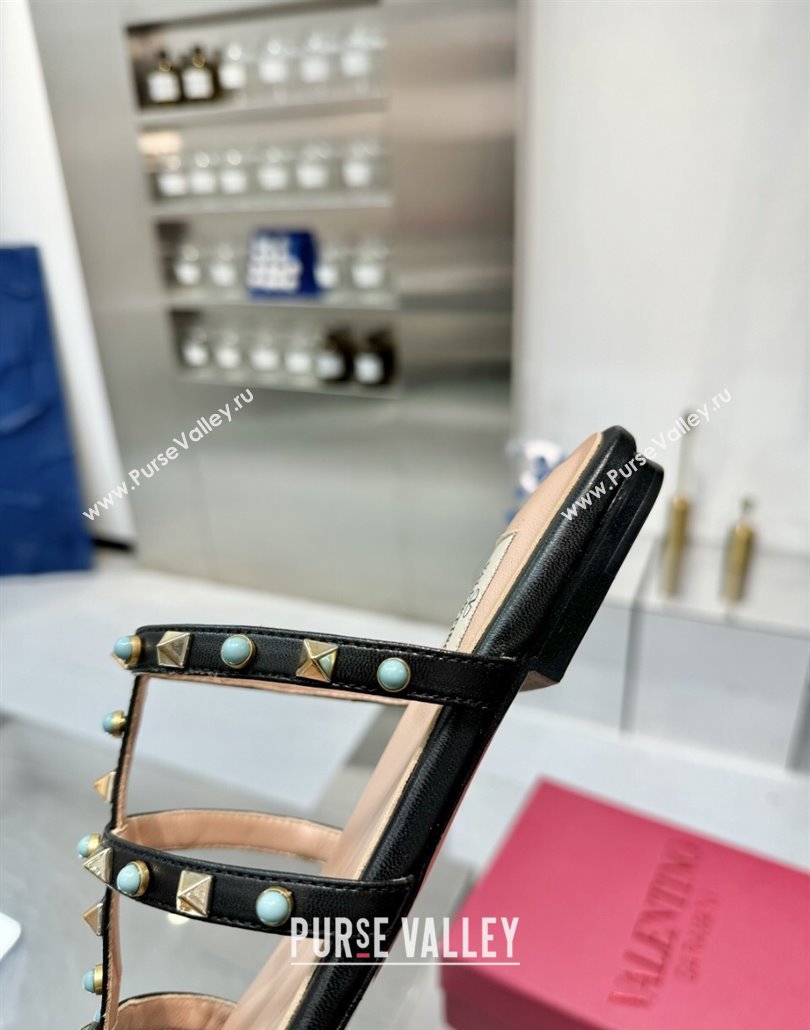 Valentino Rockstud Flat Slides Sandal in Calfskin with Stones Black 2025 VLTN042803 (XL-250428055)