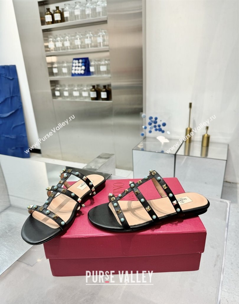 Valentino Rockstud Flat Slides Sandal in Calfskin with Stones Black 2025 VLTN042803 (XL-250428055)
