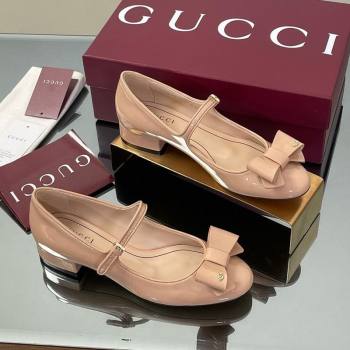 Gucci Bow Mary Jane Ballet Flats in Patent Leather Nude 2025 835748 (MD-250828028)