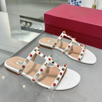 Valentino Rockstud Flat Slides Sandal in Calfskin with Stones Optic White 2025 VLTN042803 (XL-250428056)