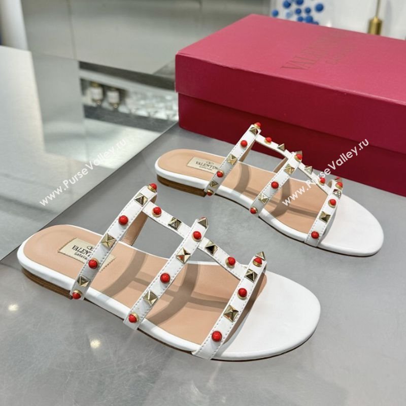 Valentino Rockstud Flat Slides Sandal in Calfskin with Stones Optic White 2025 VLTN042803 (XL-250428056)